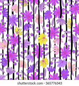 Vector illustration of floral seamless.Colorful  isolated flowers with black strips on a white background.