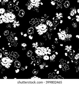 Vector illustration of floral seamless.White isolated flowers on a dark  background. Black and white floral illustration.