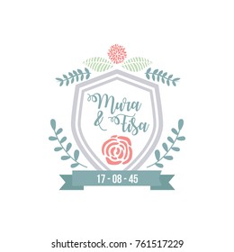 Vector illustration of a floral shield frame collection. A set of beautiful wreaths with flowers and branches for wedding invitations and birthday cards