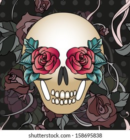vector illustration of floral skull on seamless background with roses