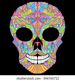 Vector Illustration of floral skull on black background.