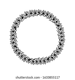 Vector illustration. Floral spring or summer wreath with small cute flowers isolated on white. Hand drawn simple doodle clipart. Perfect for cards, banner, wedding, invitations. 