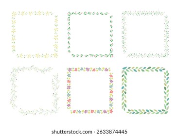 Vector illustration of floral square frames. 6 different designs. Colorful hand-drawn patterns. White background.