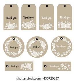 Vector illustration of floral tags. Set of flowers arranged un a shape design for Thank you tags.