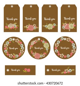 Vector illustration of floral tags. Set of flowers arranged un a shape design for Thank you tags.
