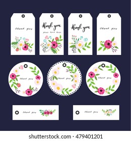 Vector illustration of floral tags. Set of flowers arranged un a shape design for Thank you tags, wedding tags, birthday tags, label, printable