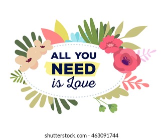 Vector illustration of floral template with beautiful flowers, leaves, frame and inscription on white background. Hand drawn flat style design of flower poster, card, wedding invitation