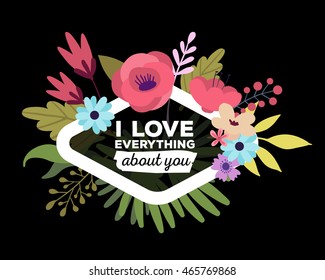 Vector illustration of floral template with beautiful flowers, leaves, frame and inscription on black background. Hand drawn flat style design of flower poster, card, wedding invitation