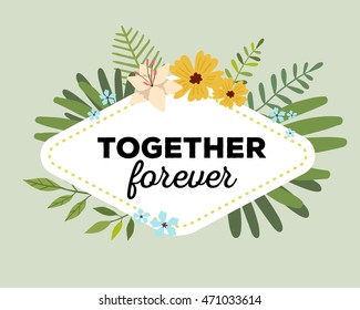 Vector illustration of floral template with beautiful flowers, leaves, frame and inscription on light background. Hand drawn flat style design of flower poster, card, wedding invitation
