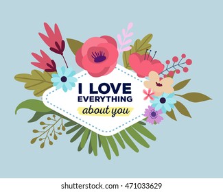 Vector illustration of floral template with beautiful flowers, leaves, frame and inscription on blue background. Hand drawn flat style design of flower poster, card, wedding invitation