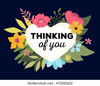 Vector illustration of floral template with beautiful flowers, leaves, heart frame and inscription on blue background. Hand drawn flat style design of flower poster, card, wedding invitation