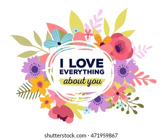 Vector illustration of floral template with beautiful flowers, leaves, frame and inscription on white background. Hand drawn flat style design of flower poster, card, wedding invitation