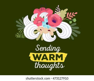 Vector illustration of floral template with beautiful flowers, leaves, curls and inscription on green background. Hand drawn flat style design of flower poster, card, wedding invitation