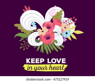 Vector illustration of floral template with beautiful flowers, leaves, waves and inscription on dark background. Hand drawn flat style design of flower poster, card, wedding invitation