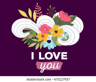Vector illustration of floral template with beautiful flowers, leaves, waves and inscription on dark background. Hand drawn flat style design of flower poster, card, wedding invitation