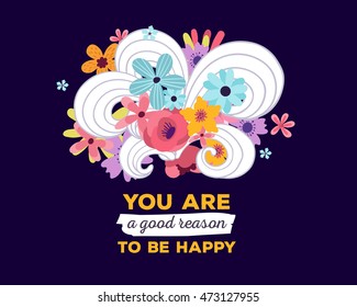 Vector illustration of floral template with beautiful flowers, leaves, curls and inscription on dark background. Hand drawn flat style design of flower poster, card, wedding invitation