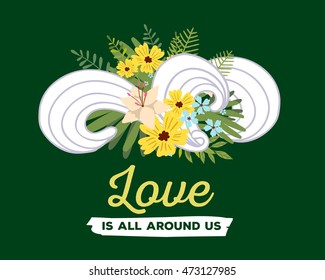 Vector illustration of floral template with beautiful flowers, leaves, curls and inscription on green background. Hand drawn flat style design of flower poster, card, wedding invitation