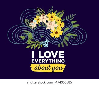 Vector illustration of floral template with beautiful flowers, leaves, curls and inscription on dark background. Hand drawn flat style design of flower poster, card, wedding invitation