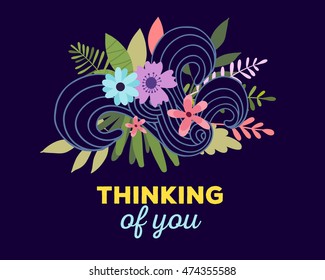 Vector illustration of floral template with beautiful flowers, leaves, curls and inscription on dark background. Hand drawn flat style design of flower poster, card, wedding invitation