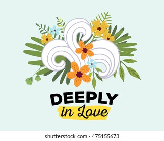 Vector illustration of floral template with beautiful flowers, leaves, waves and inscription on light background. Hand drawn flat style design of flower poster, card, wedding invitation