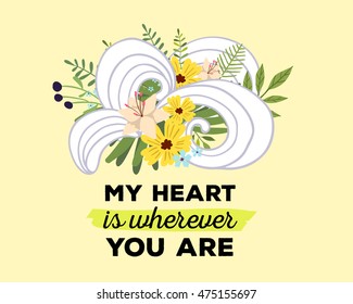 Vector illustration of floral template with beautiful flowers, leaves, waves and inscription on light background. Hand drawn flat style design of flower poster, card, wedding invitation