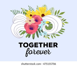 Vector illustration of floral template with beautiful flowers, leaves, waves and inscription on light background. Hand drawn flat style design of flower poster, card, wedding invitation