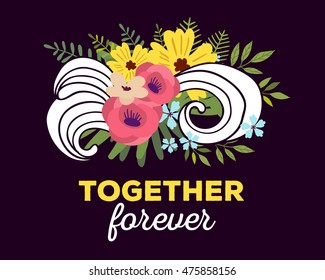 Vector illustration of floral template with beautiful flowers, leaves, waves and inscription on dark background. Hand drawn flat style design of flower poster, card, wedding invitation