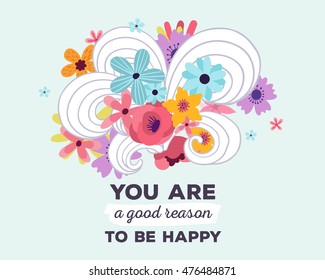Vector illustration of floral template with beautiful flowers, leaves, curls and inscription on light background. Hand drawn flat style design of flower poster, card, wedding invitation