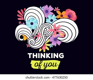 Vector illustration of floral template with beautiful flowers, leaves, curls and inscription on dark background. Hand drawn flat style design of flower poster, card, wedding invitation