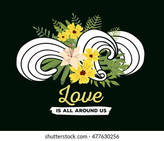 Vector illustration of floral template with beautiful flowers, leaves, curls and inscription on dark green background. Hand drawn flat style design of flower poster, card, wedding invitation