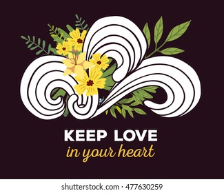 Vector illustration of floral template with beautiful flowers, leaves, waves and inscription on dark background. Hand drawn flat style design of flower poster, card, wedding invitation