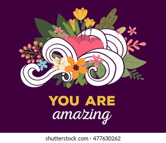 Vector illustration of floral template with beautiful flowers, leaves, waves and inscription on dark background. Hand drawn flat style design of flower poster, card, wedding invitation