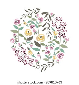 vector illustration of floral template in flat design style with roses and herbs in the round form for your design, article or print