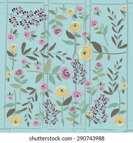 vector illustration of floral template in flat design style with roses and herbs in the rectangle form on textured colored wood background for your design, article or print