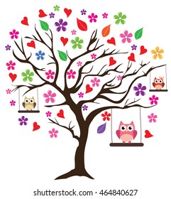 vector illustration of a floral tree with owls swinging