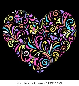 Vector illustration of floral  valentine heart  on black background