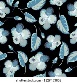 Vector illustration. Floral vintage seamless pattern in black and blue colors. Cute vector hibiscus flowers print.