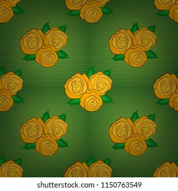 Vector illustration. Floral vintage seamless pattern in green, yellow and brown colors. Cute vector rose flowers and green leaves print.