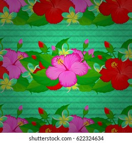 Vector illustration. Floral vintage seamless pattern on a green background. Cute vector hibiscus flowers print.