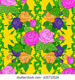 Vector illustration. Floral vintage seamless pattern on a yellow background. Cute vector rose flowers and green leaves print.