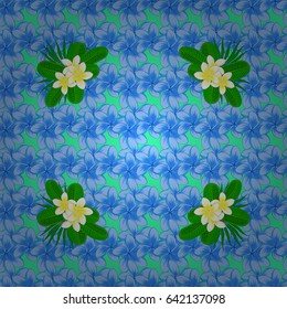 Vector illustration. Floral vintage seamless pattern on a green background. Cute vector plumeria flowers print.
