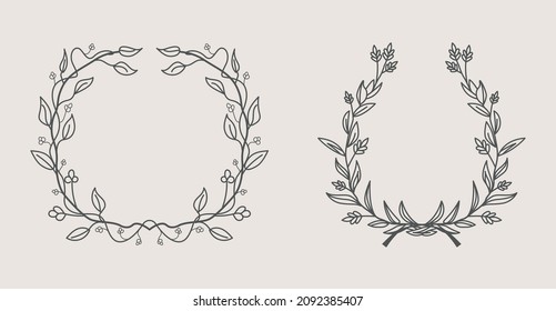 Ilustración vectorial de la corona floral con disposición de flores, hojas y ramas de fondo