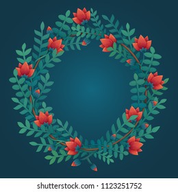 Vector illustration of floral wreath, frame. Greeting card, wedding invitation, product design, decorative element. Garland with red flowers, flower buds, blue leaves, herbs arranged in two directions
