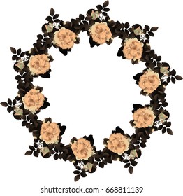 Vector illustration of floral wreath, frame with pink, yellow roses and leaves. Background with flowers for  wedding design, decoration, greeting card, invitation.