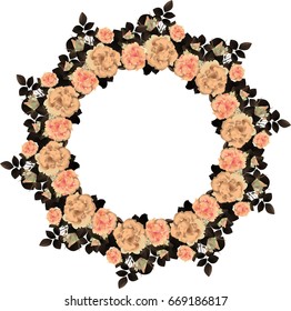Vector illustration of floral wreath, frame with pink, yellow roses and leaves on isolated background. Background with flowers for wedding design, decoration, greeting card, invitation.