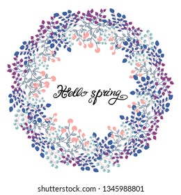 Vector illustration of floral wreath greeting card. Flowers, leaves, buds, branches, shoots, berries. There is an inscription.