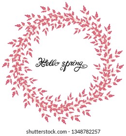 Vector illustration of floral wreath greeting card. Flowers, leaves, buds, branches, shoots, berries. There is an inscription.