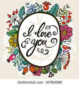 Vector illustration of floral wreath and hand drawn lettering 