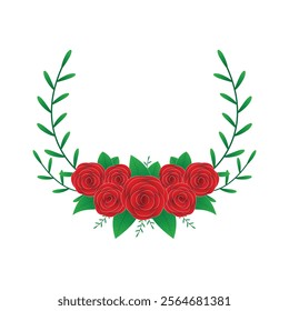 vector illustration of a floral Wreath with Red Roses and Green Leaves