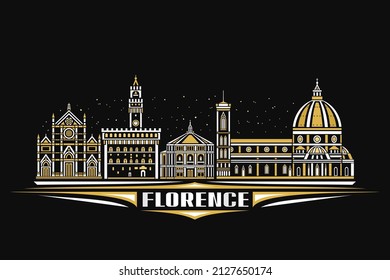 Vector illustration of Florence, dark horizontal poster with linear design famous florence city scape on dusk sky background, european urban line art concept with decorative letters for word florence